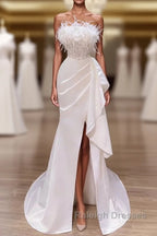 White Prom Dresses Vintage Mermaid Long Slit White Wedding Dress