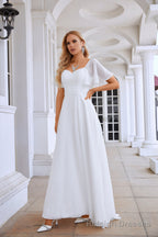 White Prom Dresses Boat Neck Chiffon Bell Sleeves A Line Slit Sequin Floor Length Fromal Bridesmaid Dresses
