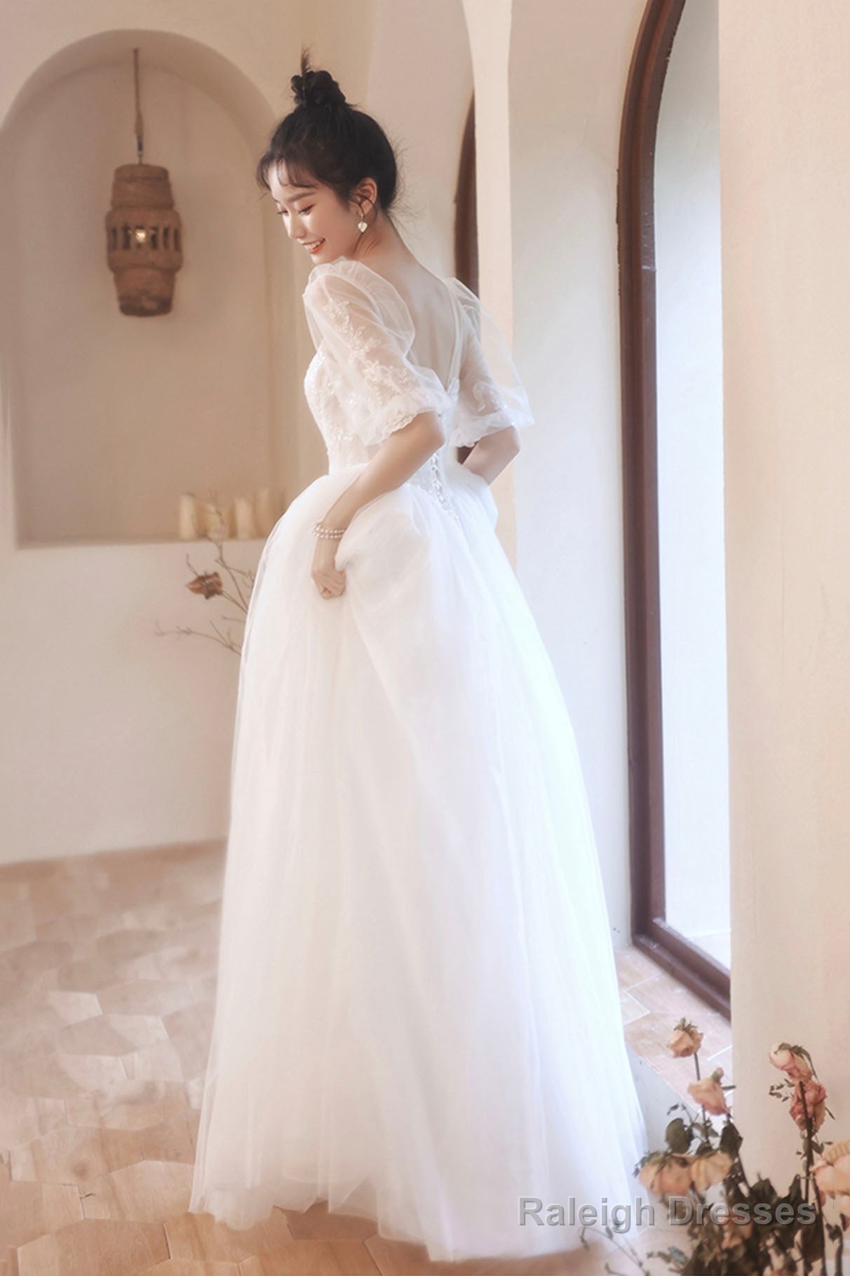 White Puff Sleeves Tulle Party Dress, A-Line Lace Scoop Neckline Evening Dress Secondary image