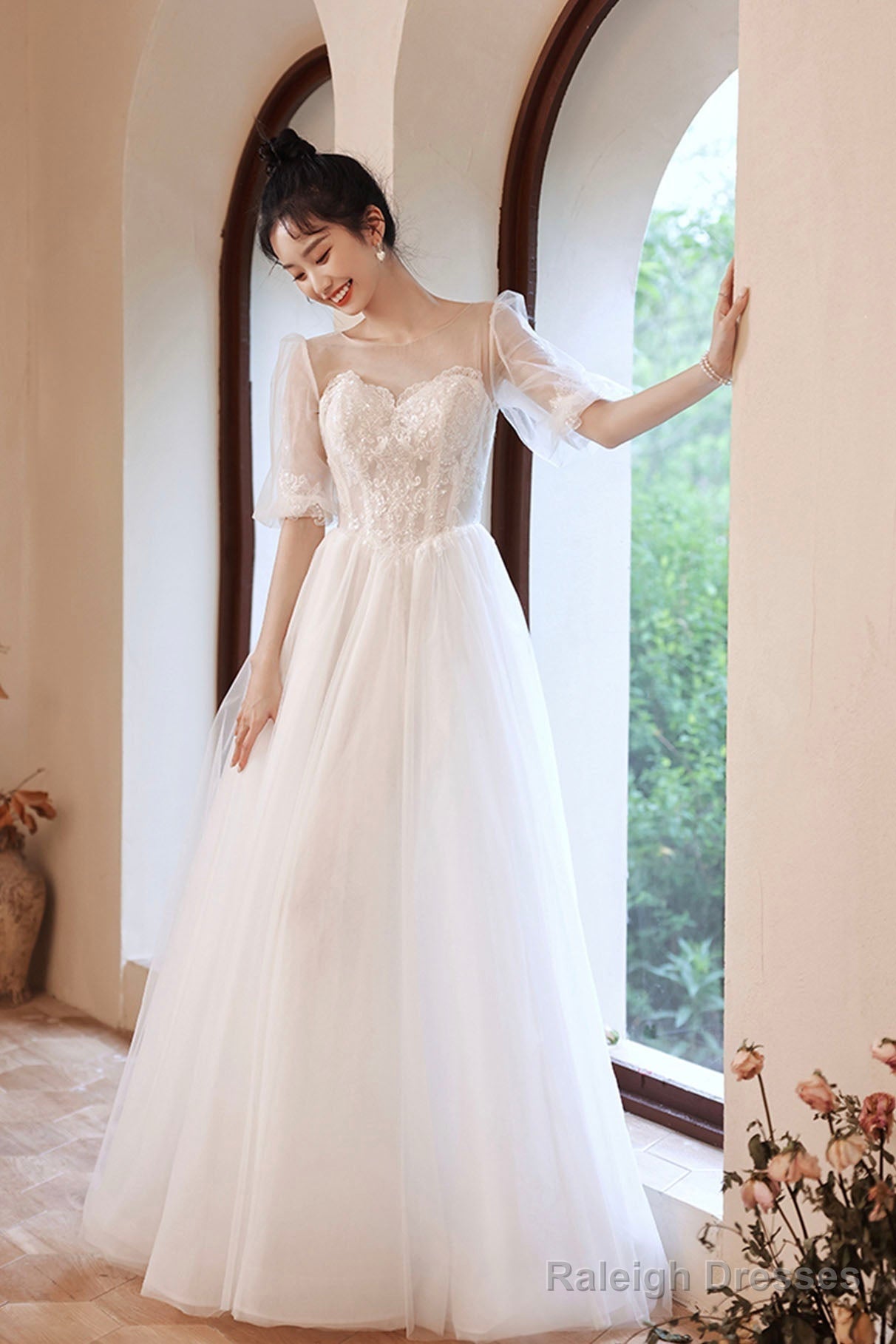 White Puff Sleeves Tulle Party Dress, A-Line Lace Scoop Neckline Evening Dress