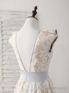 White Round Neck Lace High Low Prom Dress White Bridesmaid Dress