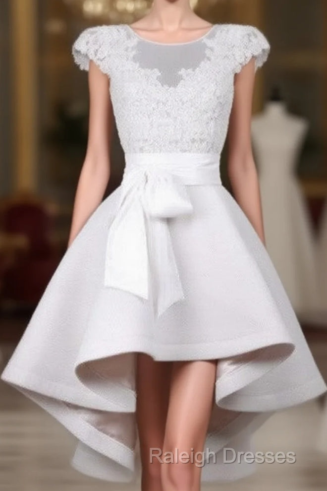 White Round Neck Lace Short Prom Dress, Lace Dress Main image