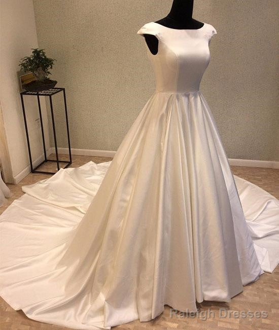 White Round Neck Satin Long Wedding Dresses