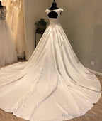White Round Neck Satin Long Wedding Dresses