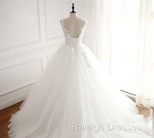 White Round Neck Tulle Lace Applique Long Wedding Dresses White Prom Dresses Secondary image