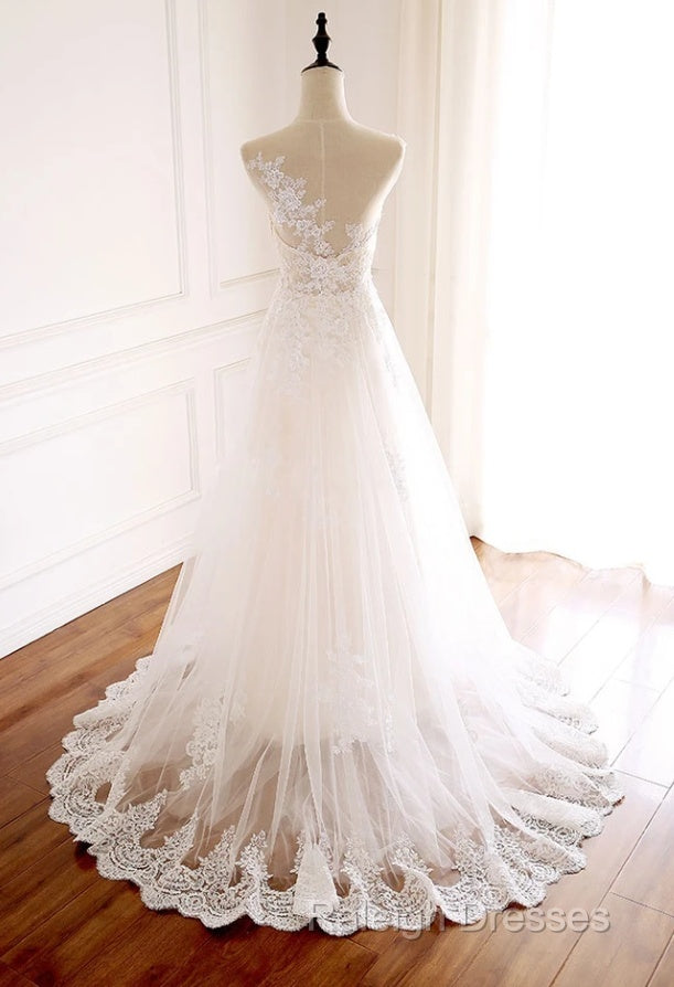 White Round Neck Tulle Lace Prom Dresses Long White Tulle Wedding Dresses