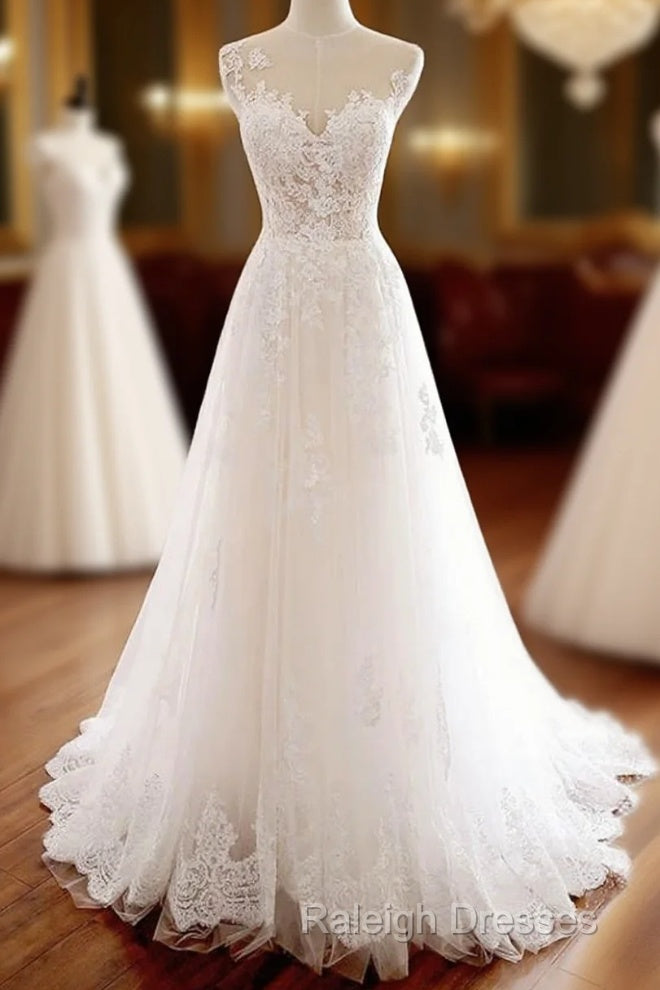 White Round Neck Tulle Lace Prom Dresses Long White Tulle Wedding Dresses Main image
