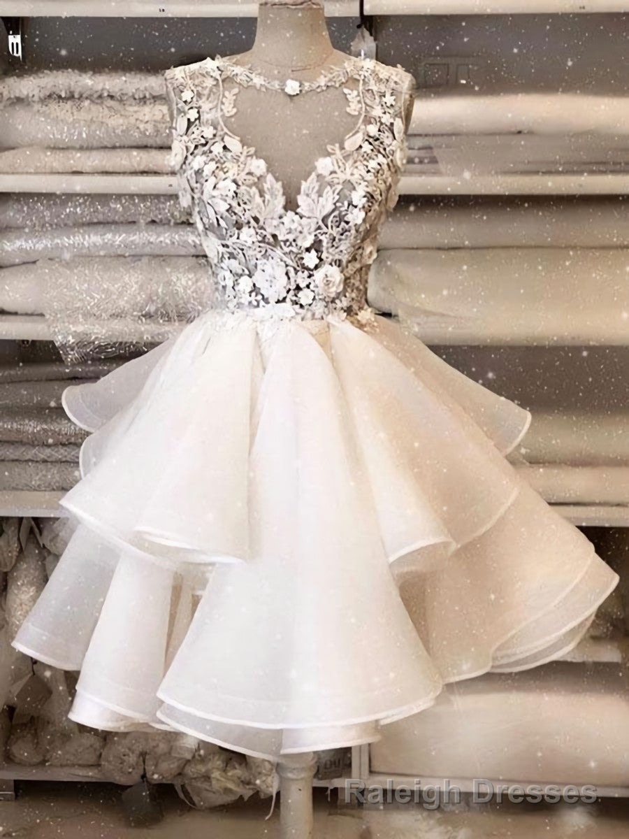 White round neck tulle lace short prom dress, white homecoming dress Main image