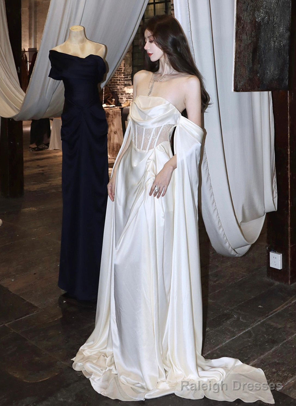 White Satin A-Line Long Scoop Long Evening Dress, White Satin Prom Dress Secondary image