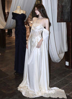 White Satin A-Line Long Scoop Long Prom Dresses White Satin Prom Dresses
