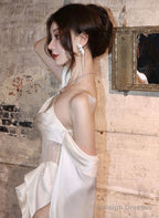 White Satin A-Line Long Scoop Long Prom Dresses White Satin Prom Dresses