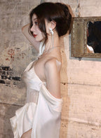 White Satin A-Line Long Scoop Long Evening Dress, White Satin Prom Dress