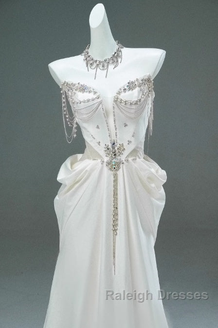 White Satin A-Line Sweetheart Beaded Long Prom Dresses Elegant Adult Ceremony Graduation Prom Dresses