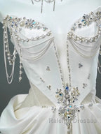 White Satin A-Line Sweetheart Beaded Long Prom Dresses Elegant Adult Ceremony Graduation Prom Dresses
