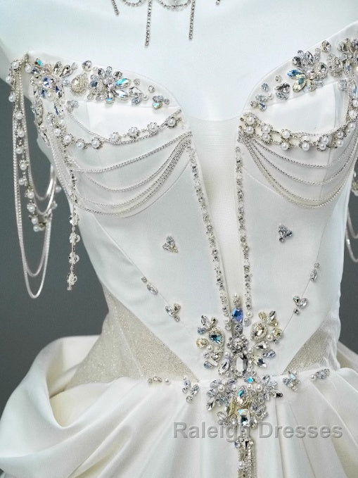 White Satin A-Line Sweetheart Beaded Long Prom Dresses Elegant Adult Ceremony Graduation Prom Dresses