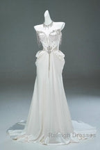 White Satin A-Line Sweetheart Beaded Long Prom Dresses Elegant Adult Ceremony Graduation Prom Dresses