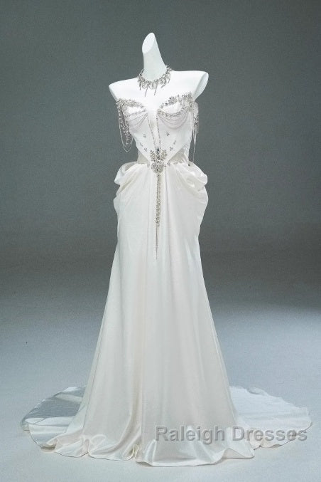 White Satin A-Line Sweetheart Beaded Long Prom Dresses Elegant Adult Ceremony Graduation Prom Dresses