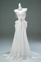 White Satin A-Line Sweetheart Beaded Long Prom Dresses Elegant Adult Ceremony Graduation Prom Dresses