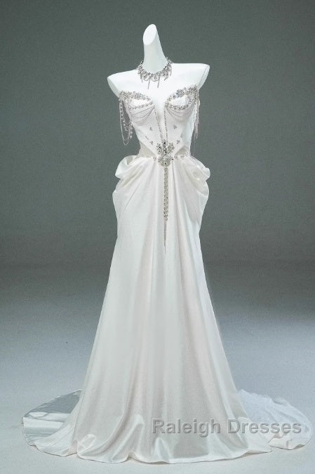 White Satin A-Line Sweetheart Beaded Long Prom Dresses Elegant Adult Ceremony Graduation Prom Dresses