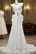White Satin A-Line Sweetheart Beaded Long Prom Dresses Elegant Adult Ceremony Graduation Prom Dresses