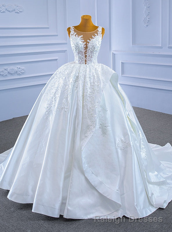 White Satin Appliques Pearls See Through Wedding Dress Main image