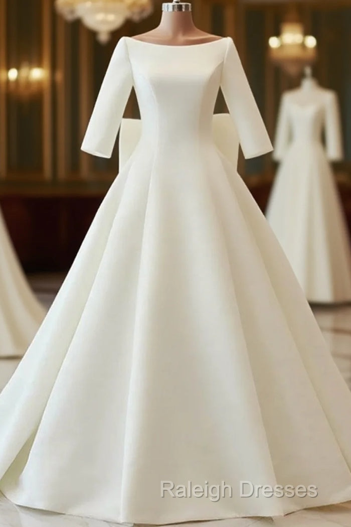 White Satin Backless 3/4 Sleeve Wedding Dresses Prom Dress Main image