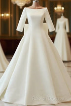 White Satin Backless 3/4 Sleeve Wedding Dresses Prom Dress