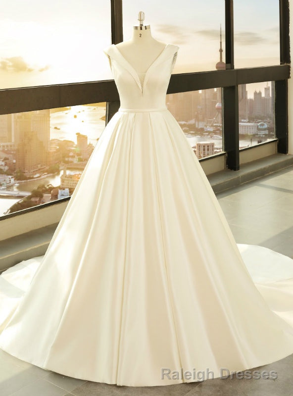 White Satin Ball Gown Deep V-neck Backless Wedding Dress Main image