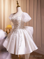 White Satin Beaded Knee Length Prom Dress, Cute A-Line Short Sleeve Party Dress With Bow