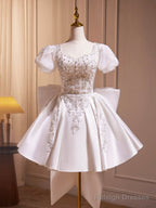 White Satin Beaded Knee Length Prom Dresses Cute A-Line Short Sleeve Prom Dresses With Bow