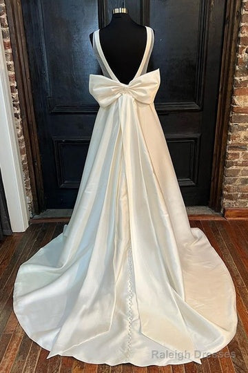 White Satin Crew Neck Bow-Back A-Line Wedding Dresses Pure Color Secondary image