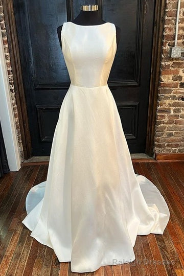 White Satin Crew Neck Bow-Back A-Line Wedding Dresses Pure Color