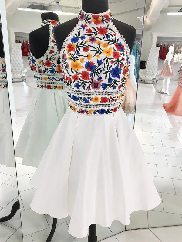 White Satin Embroidery High Neck Open Back Homecoming Dress Main image