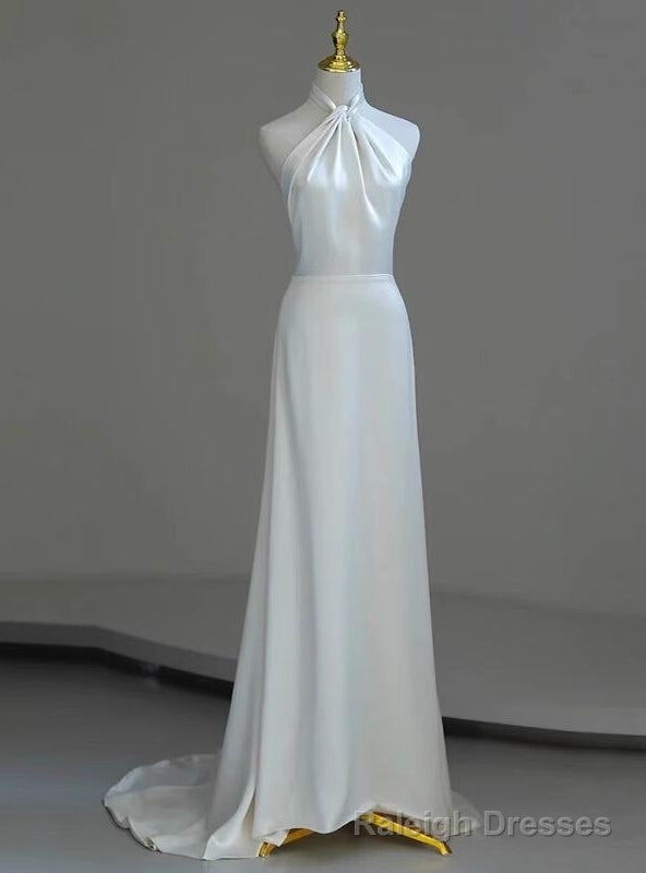 White Satin Halter Open Back Wedding Dress Main image