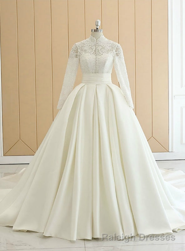 White Satin High Neck Long Sleeve Wedding Dress With Button Main image