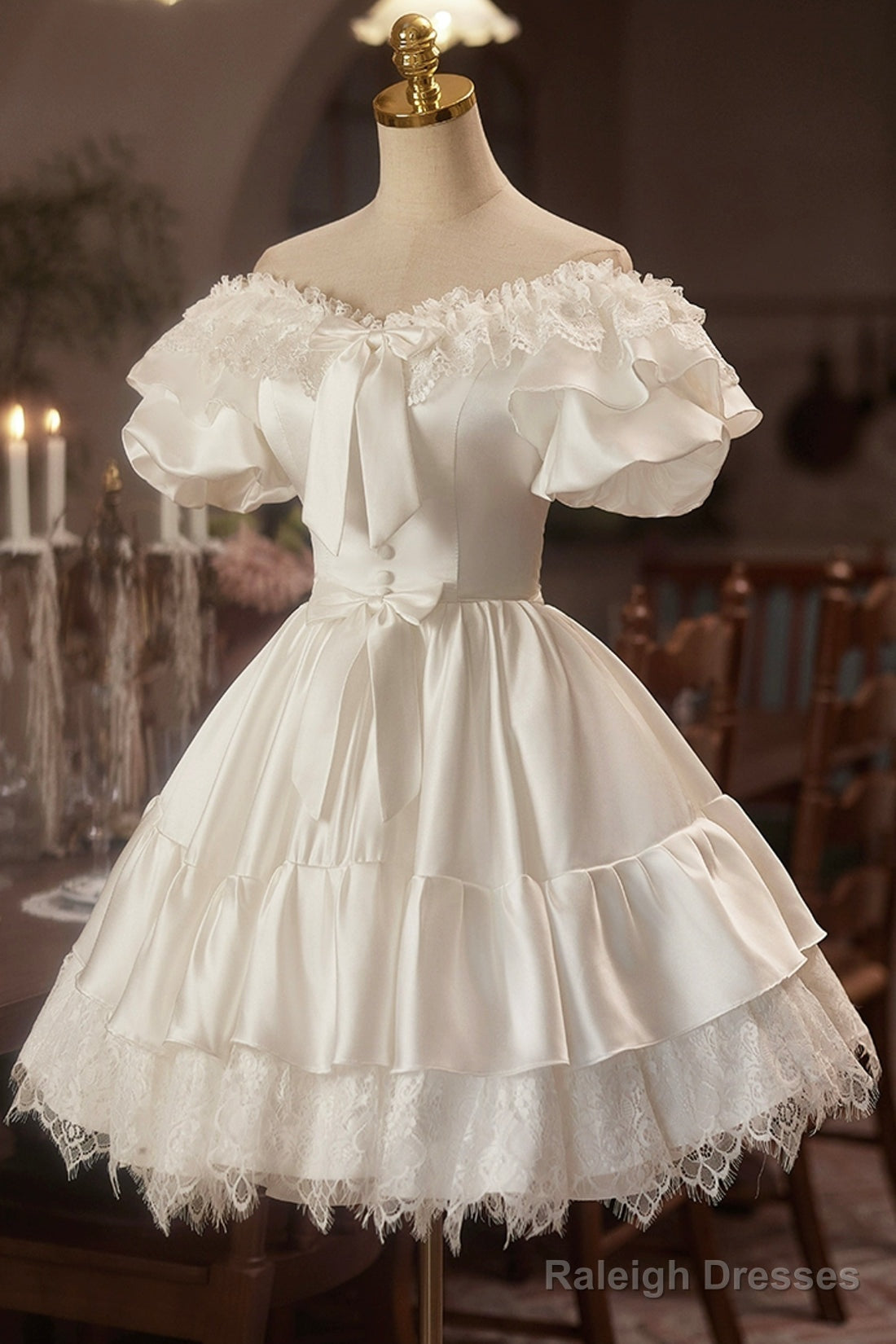 White Satin Lace A-Line Prom Dress, Lovely Off The Shoulder Evening Party Dress