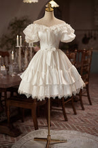 White Satin Lace A-Line Prom Dresses Lovely Off The Shoulder Prom Dresses
