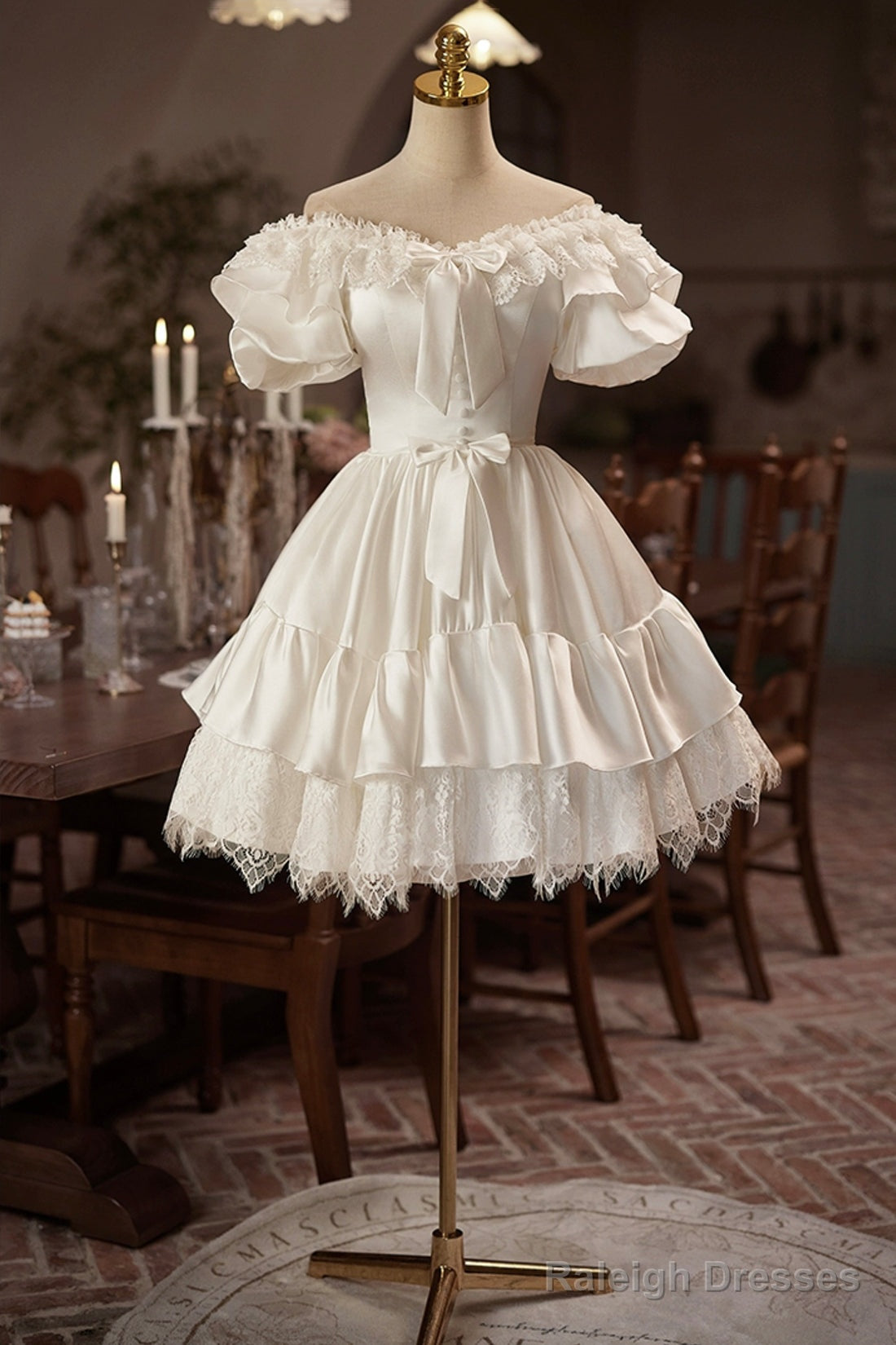 White Satin Lace A-Line Prom Dresses Lovely Off The Shoulder Prom Dresses