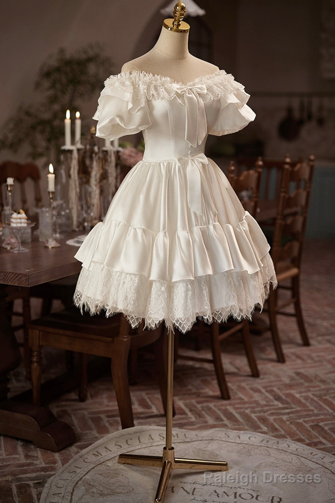 White Satin Lace A-Line Prom Dress, Lovely Off The Shoulder Evening Party Dress