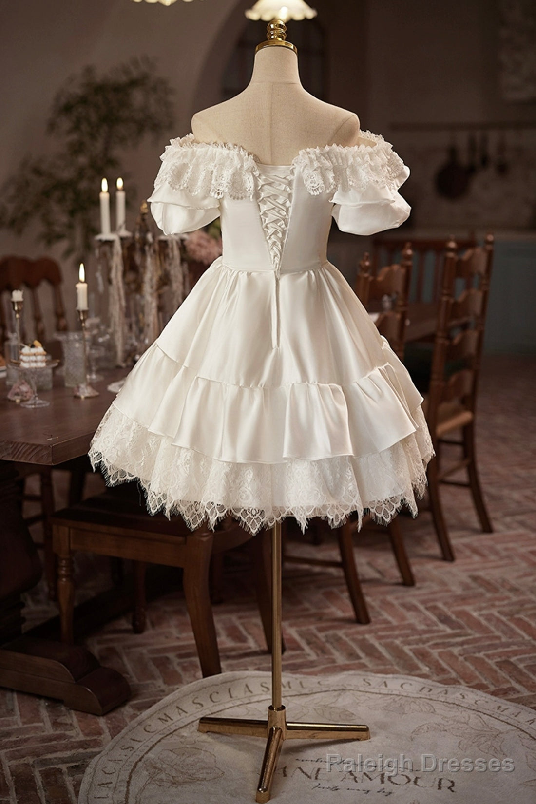 White Satin Lace A-Line Prom Dress, Lovely Off The Shoulder Evening Party Dress