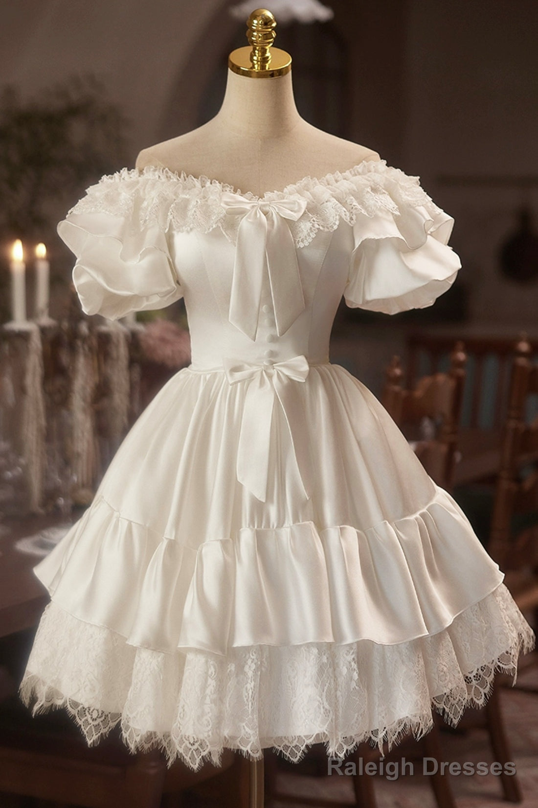 White Satin Lace A-Line Prom Dresses Lovely Off The Shoulder Prom Dresses Main image