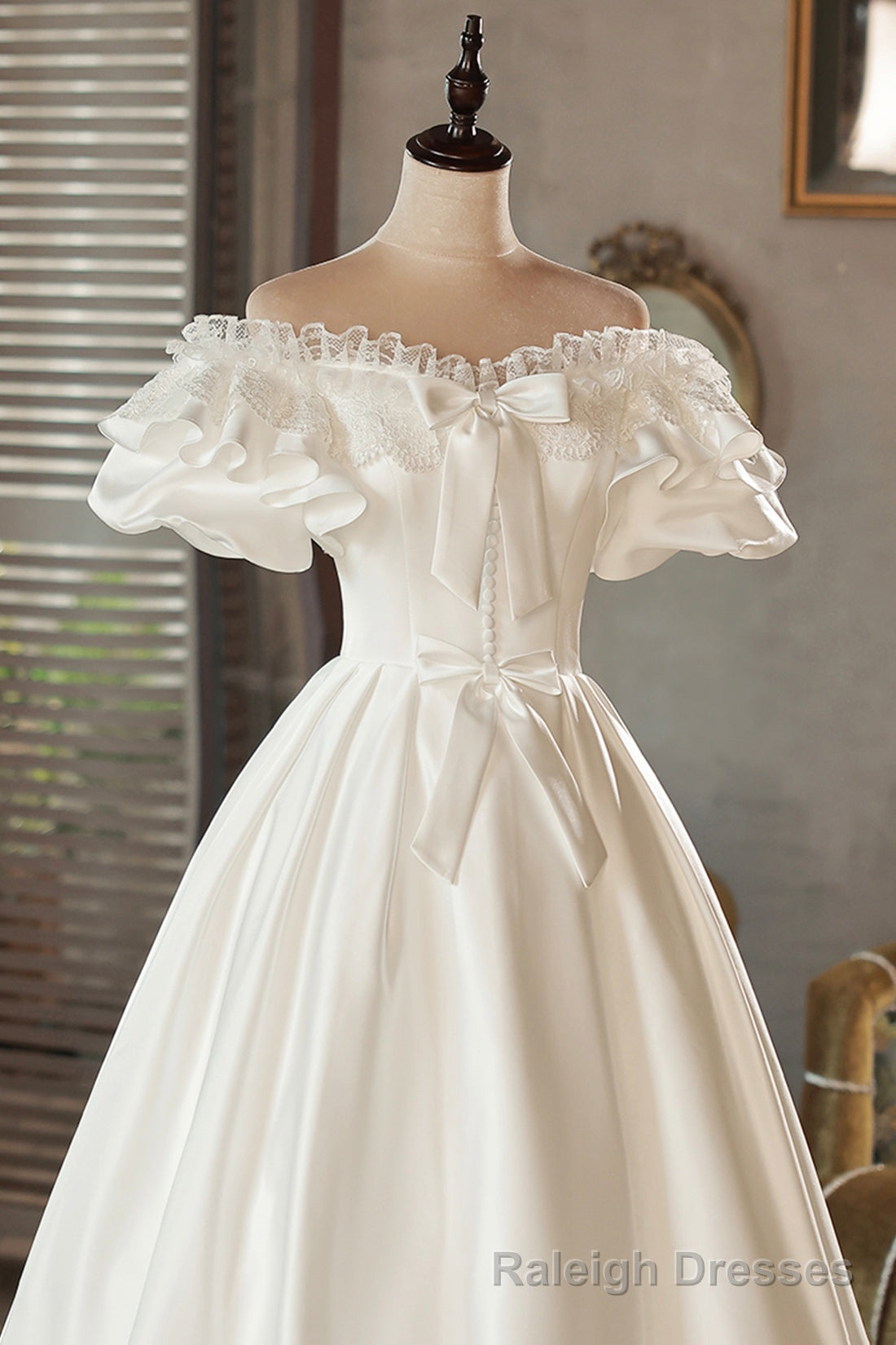 White Satin Lace Off Shoulder Prom Dress, White Prom Dress, Wedding Dress