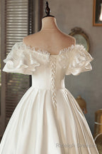 White Satin Lace Off Shoulder Prom Dress, White Prom Dress, Wedding Dress