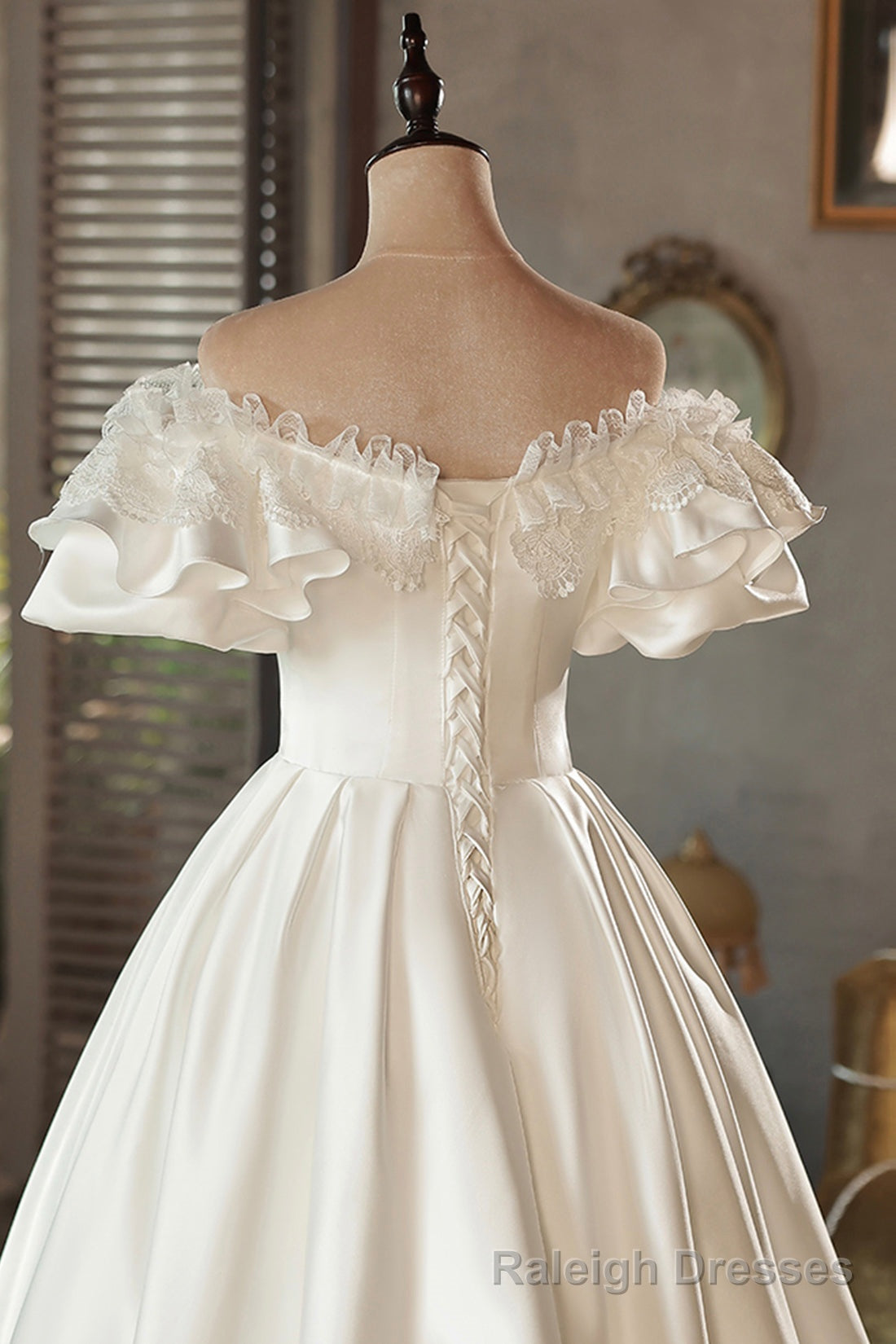 White Satin Lace Off Shoulder Prom Dress, White Prom Dress, Wedding Dress