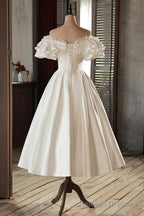 White Satin Lace Off Shoulder Prom Dress, White Prom Dress, Wedding Dress