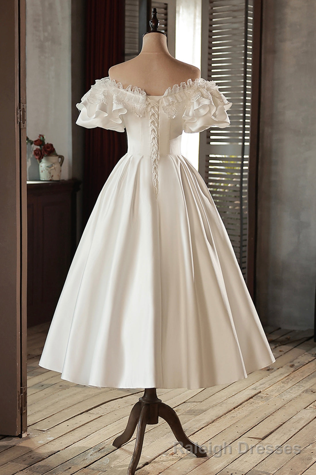 White Satin Lace Off Shoulder Prom Dress, White Prom Dress, Wedding Dress