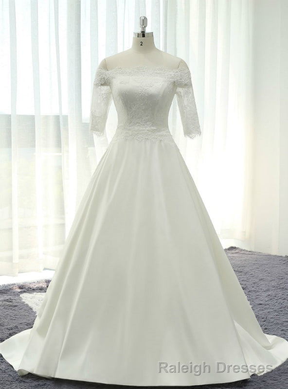 White Satin Lace Off The Shoulder Short Sleeve Wedding Dress With Lace Train