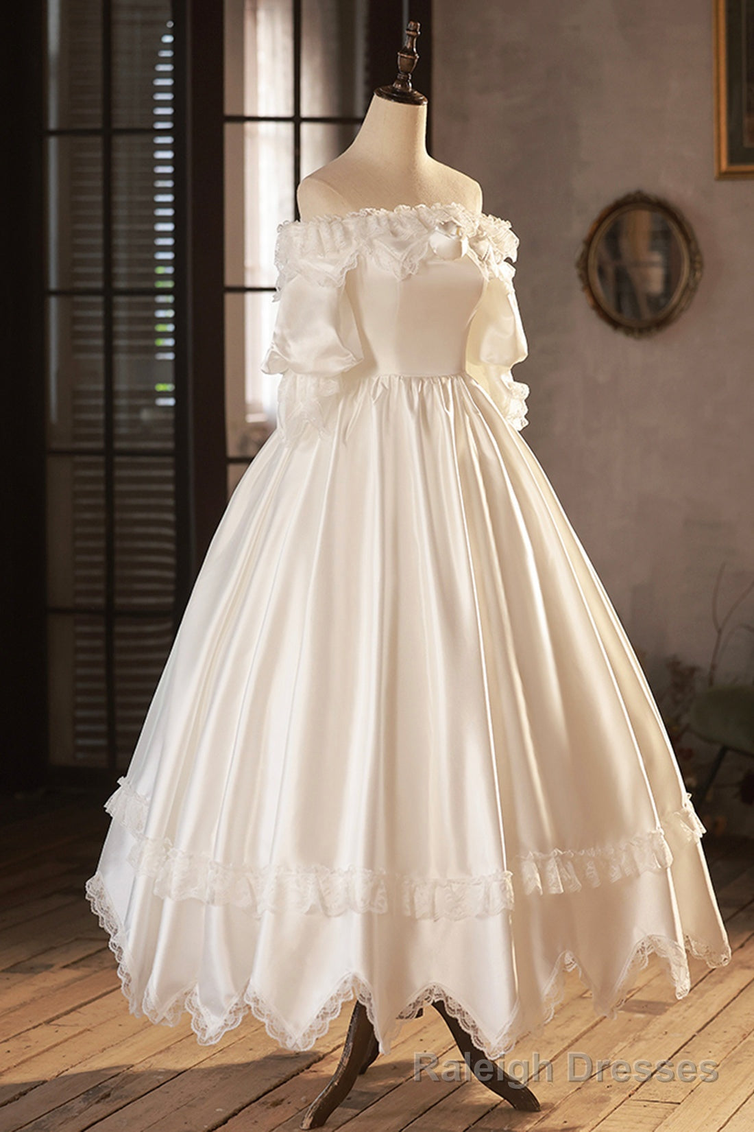 White Satin Lace Prom Dress, White Prom Dress, Wedding Dress Main image