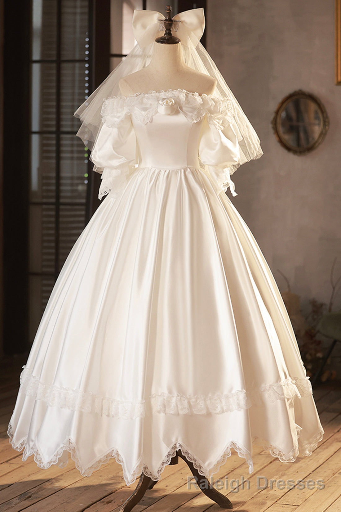 White Satin Lace Prom Dress, White Prom Dress, Wedding Dress