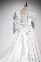 White Satin Long Prom Dresses Beautiful Short Sleeve Prom Dresses With Bow